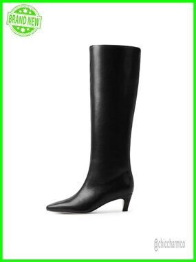 Kitten Heel Knee High Boots Square Toe PU Leather Tall Boots